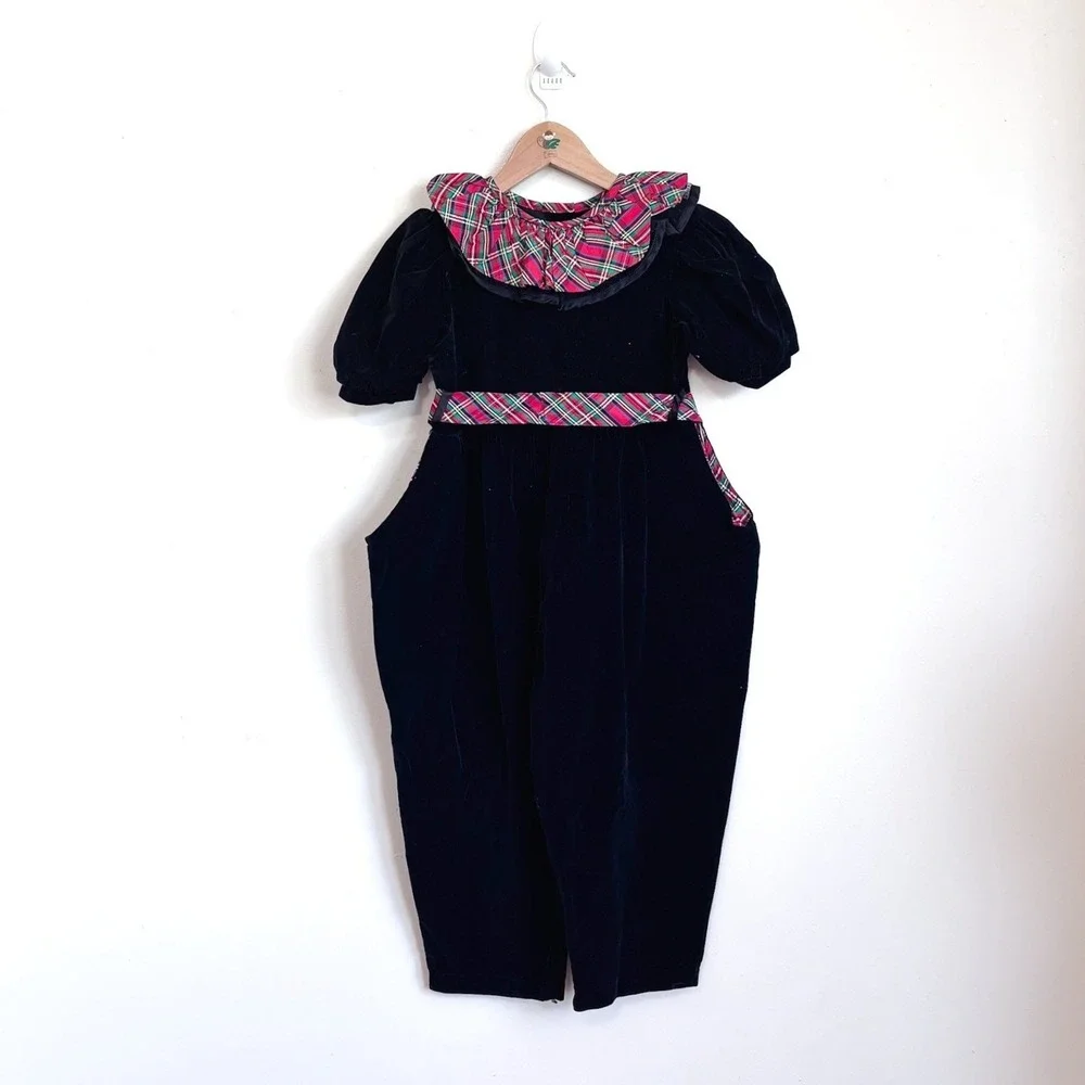 Vintage Girls Velvet Romper Jumper 5 Black Plaid Ruffle Holiday Christmas USA
